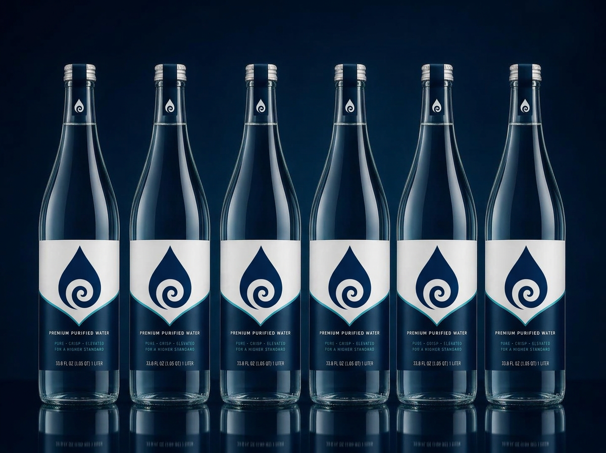 Row of premium purified water bottles with custom Elevation 2.0 exterior label design