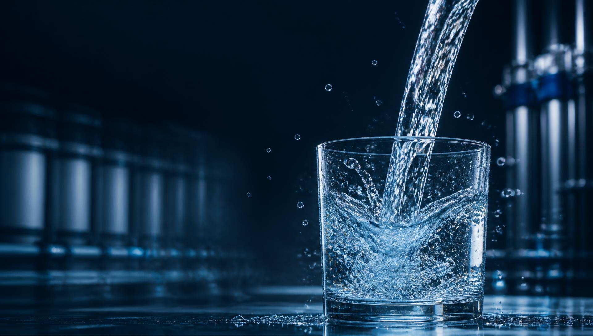 Purified clean drinking water pouring into a glass at a modern water facility